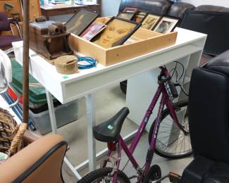 White Standing Work Desk, and Purple Mountain Bicycle, Bike, 