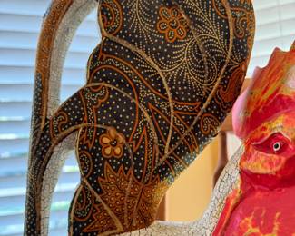 Vintage hand carved wood rooster with fabric inlays and gold lines