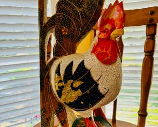 Vintage hand carved wood rooster with fabric inlays and gold lines