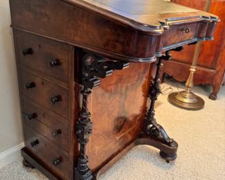 19th Century burl walnut Victorian Davenport desk with original skeleton key and inlay detail