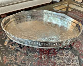 Large antique Sheffield England silverplate Gallery Tray with two handles and ball & claw feet