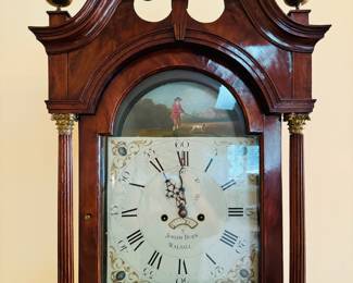 Incredible Mahogany wood long case grandfather clock ca. 1795 with hand painted enamel clock face with hunting scene, purchased at G.K. Hadfield, England.  92”Tall x 20” Wide x 9 1/2” Deep.