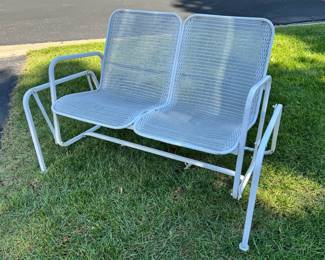 Vintage Lloyd Loom wicker glider settee with two seat cushions 
