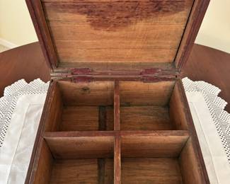 Amazing antique divided wood box, possibly spice box, with original leather handle
