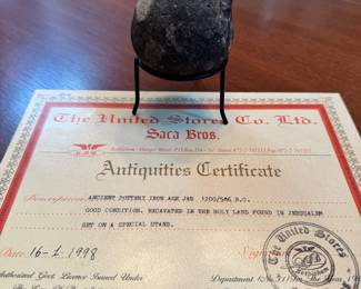 Ancient pottery Iron Age Jar ca. 1200/586 B.C., excavated in the Holy Land found in Jerusalem.  Comes with Certificate of Antiquities