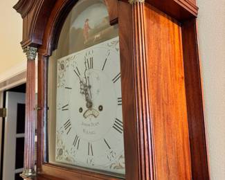 Incredible Mahogany wood long case grandfather clock ca. 1795 with hand painted enamel clock face with hunting scene, purchased at G.K. Hadfield, England.  92”Tall x 20” Wide x 9 1/2” Deep.