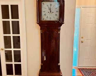 Incredible Mahogany wood long case grandfather clock ca. 1795 with hand painted enamel clock face with hunting scene, purchased at G.K. Hadfield, England.  92”Tall x 20” Wide x 9 1/2” Deep.