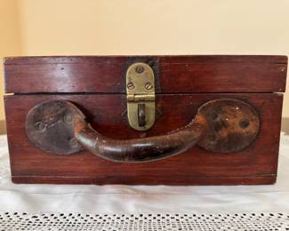 Amazing antique divided wood box, possibly spice box, with original leather handle