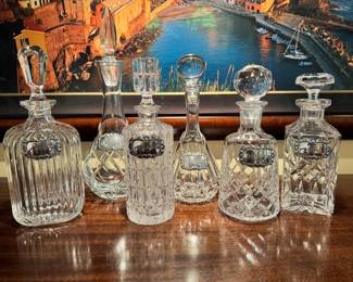 Great selection of vintage crystal decanters including a French Victorian style decanter by Baccarat and a wonderful set of 6 hallmarked Silver antique decanter tags (these will be sold as a set and separately from the decanters)