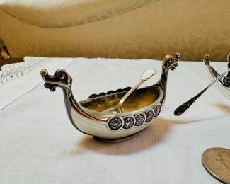 Vintage Italian 800 silver Gondola with stand and Norway 925 sterling Viking ship salt cellar with spoon