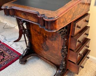 19th Century burl walnut Victorian Davenport desk with original skeleton key and inlay detail