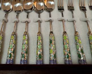 Never Used vintage Seoul Korea cloisonnet spoon/fork set in original box 