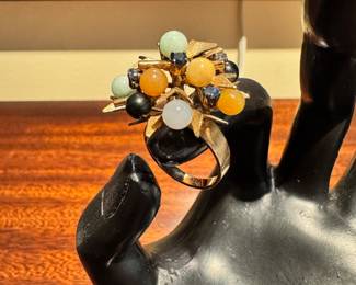Very cool vintage 14kt gold and multi color jade ring, approximately a size 8