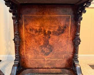 19th Century burl walnut Victorian Davenport desk with original skeleton key and inlay detail