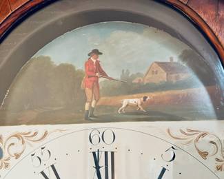 Incredible Mahogany wood long case grandfather clock ca. 1795 with hand painted enamel clock face with hunting scene, purchased at G.K. Hadfield, England.  92”Tall x 20” Wide x 9 1/2” Deep. 