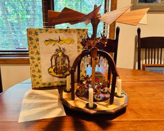 Vintage ‘Heavenly Wonder’ wood pyramid from Germany.  With original tag, box and set-up directions