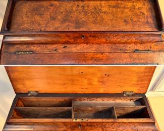 19th Century burl walnut Victorian Davenport desk with original skeleton key and inlay detail