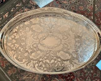Large antique Sheffield England silverplate Gallery Tray with two handles and ball & claw feet