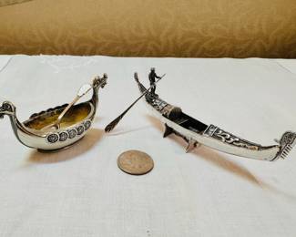 Vintage Italian 800 silver Gondola with stand and Norway 925 sterling Viking ship salt cellar with spoon
