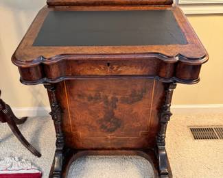 19th Century burl walnut Victorian Davenport desk with original skeleton key and inlay detail