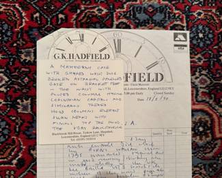 Incredible Mahogany wood long case grandfather clock ca. 1795 with hand painted enamel clock face with hunting scene, purchased at G.K. Hadfield, England.  92”Tall x 20” Wide x 9 1/2” Deep.