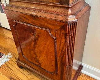 Incredible Mahogany wood long case grandfather clock ca. 1795 with hand painted enamel clock face with hunting scene, purchased at G.K. Hadfield, England.  92”Tall x 20” Wide x 9 1/2” Deep.