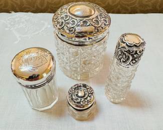 Small antique sterling topped vanity containers