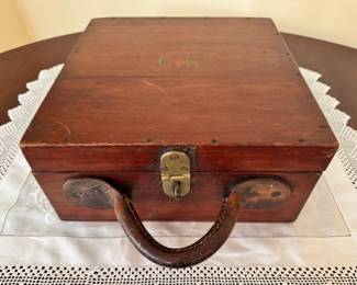 Amazing antique divided wood box, possibly spice box, with original leather handle