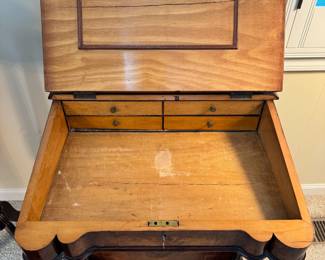 19th Century burl walnut Victorian Davenport desk with original skeleton key and inlay detail