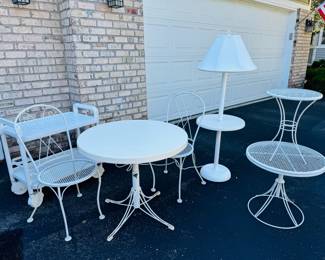 Vintage Homecrest patio furniture, vintage patio bar cart and pair of vintage Woodard(?) white iron chairs