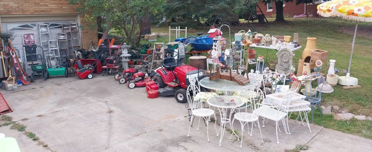 Woodard Patio set, Craftsman LT2000 rider, Huskee 190cc tiller, Craftsman and Toro push mowers, Yard Machine 26” 2 stage snowblower, Homelite weed whip, leaf blower, hedge trimmers, Ryobi tiller, lawn tools, grass spreaders, wheelbarrows, live traps, shepherd hooks, bird houses/feeders, garden statuary, chemicals, lawn décor, stepping stones, hose reels
