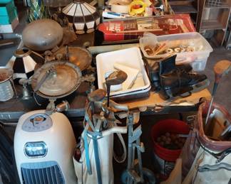 vintage lamps, humidifier, golf, paint supplies