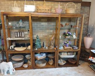 curio shelving, world statuary, Haeger pottery, elephant