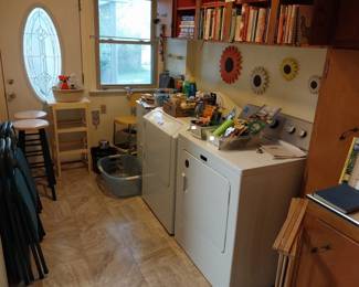 washer and dryer, folding table and chairs, bar stools, cook books