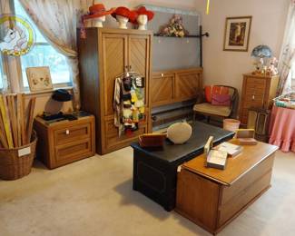 queen bed with matching dresser, armoire, and night stand, cedar chest, red hats, jewelry cabinets, vintage yard sticks