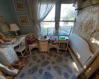 full size painted bed with matching vanity and side table, wicker chairs