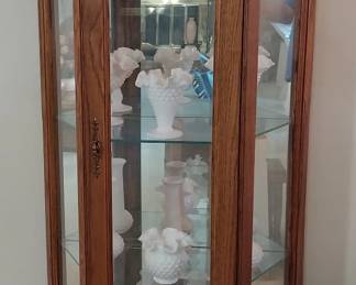 curio cabinet, hobnail milk glass
