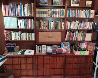 office shelving, book cases, books, CD's, DVD's