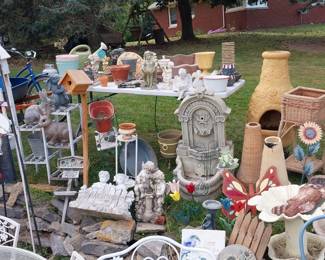 garden decor, fountain, chiminea, bird houses, bird feeders, cement