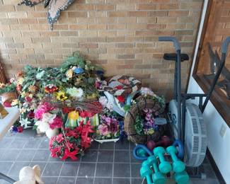 silk flowers, exercise bike