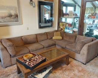 L shape couch, coffee table, chess set