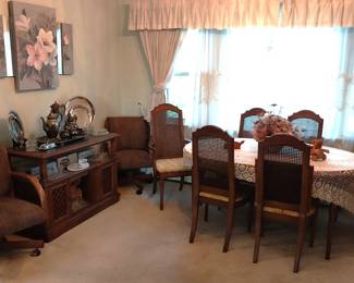 dining room table with six chairs, china cabinet, buffet