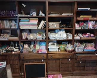 crafting, cards, buttons, beads, paper, office shelving, book cases