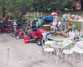 Woodard Patio set, Craftsman LT2000 rider, Huskee 190cc tiller, Craftsman and Toro push mowers, Yard Machine 26” 2 stage snowblower, Homelite weed whip, leaf blower, hedge trimmers, Ryobi tiller, lawn tools, grass spreaders, wheelbarrows, live traps, shepherd hooks, bird houses/feeders, garden statuary, chemicals, lawn décor, stepping stones, hose reels