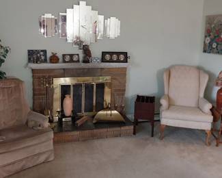 wing back chair, fire place tools, side tables