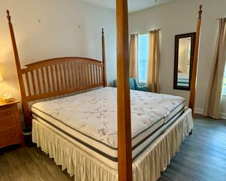 Available for Presale - $150 - King Size Bed w/Mattress NO boxspring/has plywood under mattress - mattress has small stain on side/seen in photos - no obligation to take mattress & boxspring. Must bring help to move and load, we are unable to assist due to insurance restrictions.