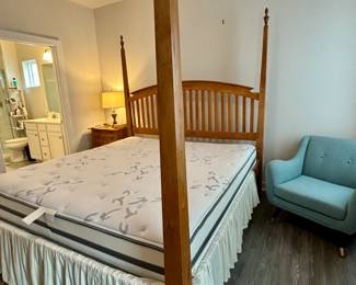 Available for Presale - $150 - King Size Bed w/Mattress NO boxspring/has plywood under mattress - mattress has small stain on side/seen in photos - no obligation to take mattress & boxspring. Must bring help to move and load, we are unable to assist due to insurance restrictions.