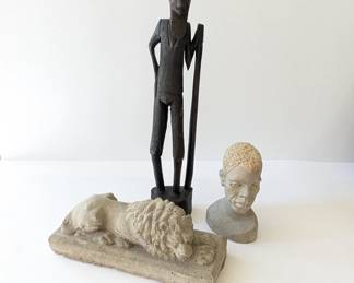 Lot #148 - Unique Art Lot - African Carving, Concrete Lion, & Bust Sculpture