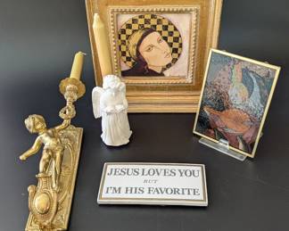 Lot #151 - Christine Garner Woodburning of Italian Tabernacle, Angel Stained Glass, Candle Holders & Funny Sign