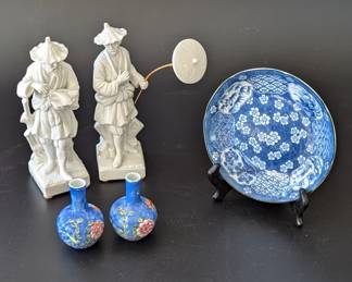 Lot #143 - Fitz And Floyd Blanc De Chine Chinoiserie Figures, Japanese Takahashi Plate, 2 Blue Chinoiserie Bud Vases